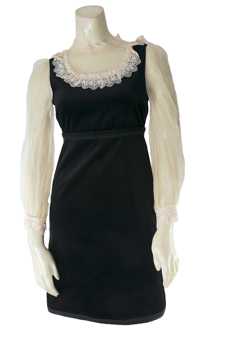 Gucci Black Velvet Lace Trim Silk Chiffon Long Sleeve Dress Size 36 US 0 2 Italy